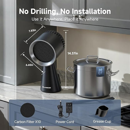 AAOBOSI Portable Range Hood Kitchen,10 Layer Filter Compact Desktop Exhaust Fan, Powerful 3-Speed Smoke Removal, Low Noise Countertop Range Hood, Oil Cup, for Apartments, Dorm, RV, Indoor BBQ, Black