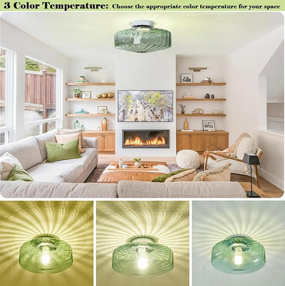 Bofea-Modern Green Ceiling Light Fixture Vintage Glass Flush Mount Ceiling Light Farmhouse Semi Flush Mount Lights Fixtures with Drum Glass Shade,Green Flush Lamp for Hallway Bedroom Foyer Bathroom