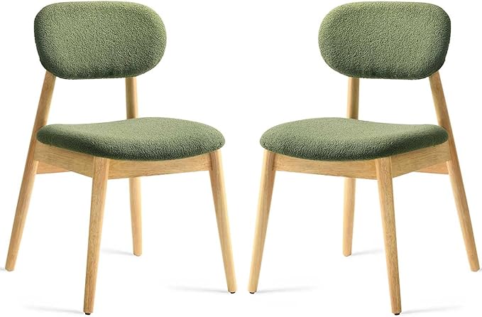 Wooden Dining Chairs Set of 2, Farmhouse Boucle Upholstered Kitchen Chairs, Step-By-Step Video Guide for Assembly, Green