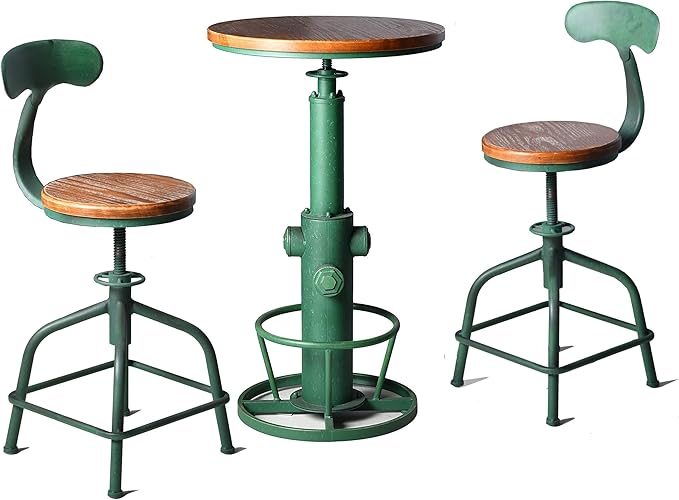 Topower 3-Piece Pub Bar Set Industrial Round Bar Table and Adjustable Swivel Stools with Backrest for 2 Match Bar Height and Counter Barstool Antique Green 1 Table + 2 Chairs