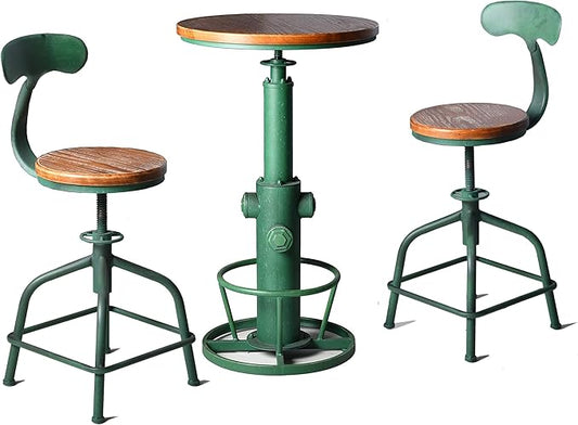 Topower 3-Piece Pub Bar Set Industrial Round Bar Table and Adjustable Swivel Stools with Backrest for 2 Match Bar Height and Counter Barstool Antique Green 1 Table + 2 Chairs