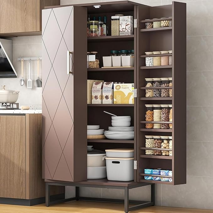 kepptory 51” Kitchen Pantry Storage Cabinet, White Freestanding Pantry Cabinets with Doors and Adjustable Shelves, Buffet Cupboards Storage Cabinet for Home Office Use, Dinning Room(Brown)