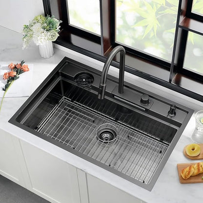 33 Inch Drop In Waterfall Kitchen Sink Black-iAnomla 33x19 Black Kitchen Sink Drop In Top Mount Modern Sinks with Cup Washer 16 Gauge Single Bowl Deep Multifunctional Smart Sinks and Faucet Combo