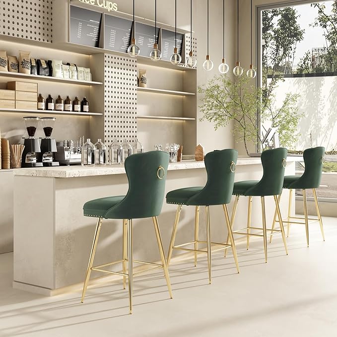 Stools Set of 2, Velvet Counter Height with Metal Legs, Button Tufted and Nailheads Trim, Wing-Back Chairs for Kitchen Island Dining Room Pub, Green