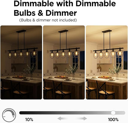 ropelux Dining Room Light Fixture, 5-Light Chandelier for Kitchen Island Over Table with E12 Socket(Bulb not Included), Black Rustic Hanging Pendant Light Fixtures with Clear Gray-Tinted Lampshade