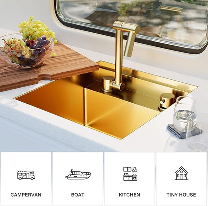 TORVA Gold Stainless Steel RV Sink, 16x17x9 Inch Undermount Single Bowl Kitchen Sink, Nano Coating, 16 Gauge Durable Bar Sink for RV, Camper, Trailer, and Small Kitchen