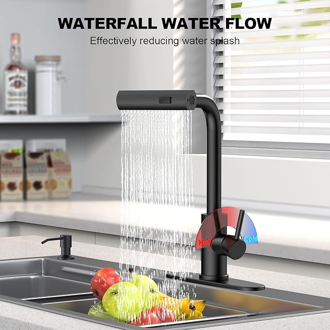 AVSIILE Matte Black Waterfall Kitchen Faucets with Pull Down Sprayer & Soap Dispenser, Single Hole & Handle, Pull Out Tap, Stainless Steel Sink Faucet, Suitable for Farmhouse Camper Laundry Rv Bar
