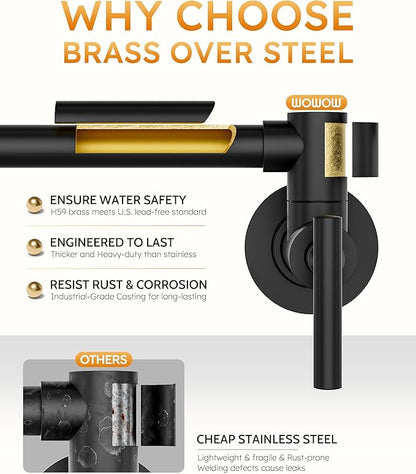 WOWOW Pot Filler Faucet Matte Black, Brass Pot Filler Wall Mount Kitchen Stove Faucet with Double Joint Swing Arms