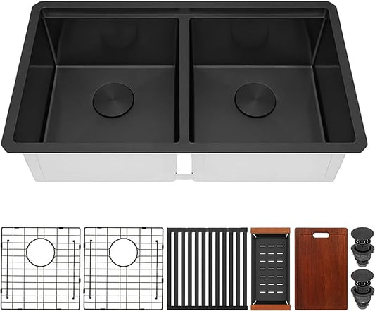 Black Undermount Kitchen Sink 32 x 18 Inch, 50/50 Double Bowl Kitchen Sinks, 16 Gauge Stainless Steel Workstation Sink with Ledge & Accessories, 32" x 18" x 10" Large and Deep Double Sink