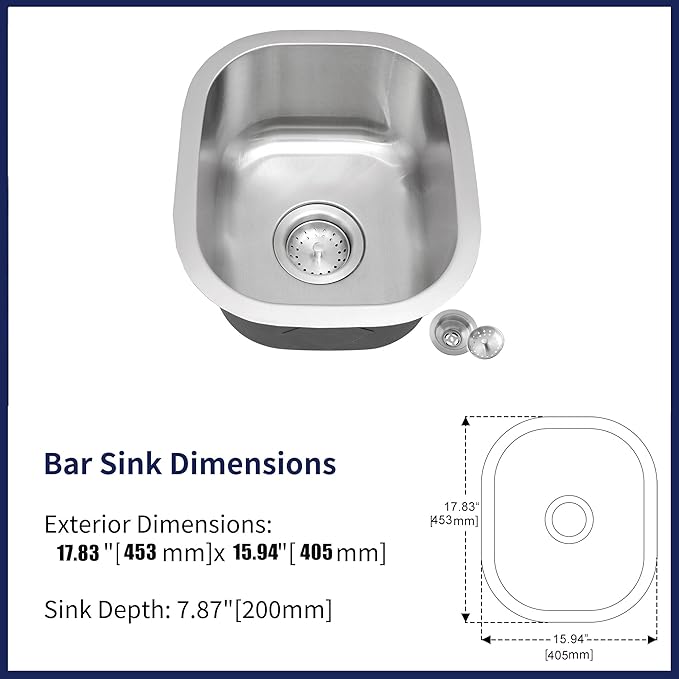 Bar Sink,17.83” x 15.94”Undermount Kitchen Sink, T-304S Stainless Steel RV Kitchen Sinks, Small Kitchen Sinks With Sink Drain Strainer, Use at Rv, Bar,Outdoor, Laundry and Utility,Bathroom