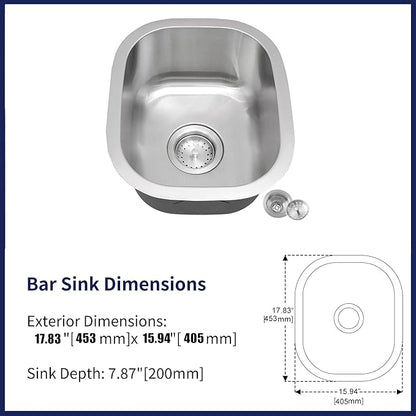 Bar Sink,17.83” x 15.94”Undermount Kitchen Sink, T-304S Stainless Steel RV Kitchen Sinks, Small Kitchen Sinks With Sink Drain Strainer, Use at Rv, Bar,Outdoor, Laundry and Utility,Bathroom
