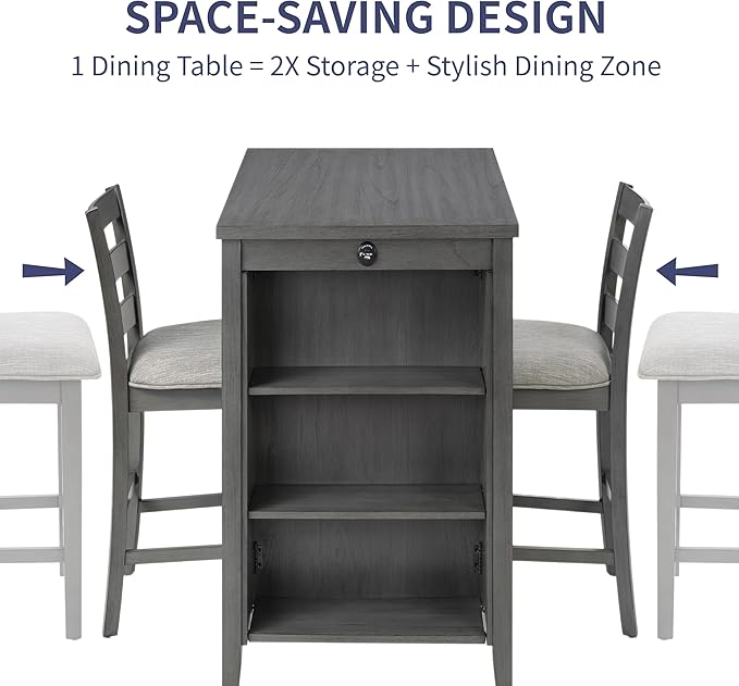 Bar Table Set with Charging Station & 3-Tier Storage, Space-Saving Dining Table Set for 2 with Upholstered Chairs, Small Kitchen Island for Apartment (30 inch+Gray)
