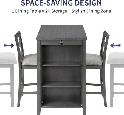 Bar Table Set with Charging Station & 3-Tier Storage, Space-Saving Dining Table Set for 2 with Upholstered Chairs, Small Kitchen Island for Apartment (30 inch+Gray)