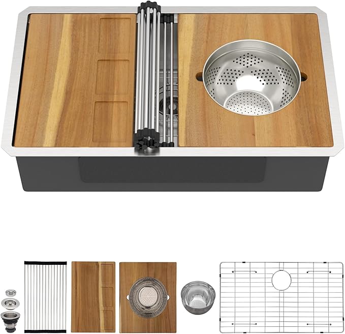30 Inch Undermount Kitchen Sink 30x19 Workstation All-In One 16 Gauge 304 Stainless Steel Single Bowl Handmade Under Counter Sinks Basin with Accessories #TLU-0039