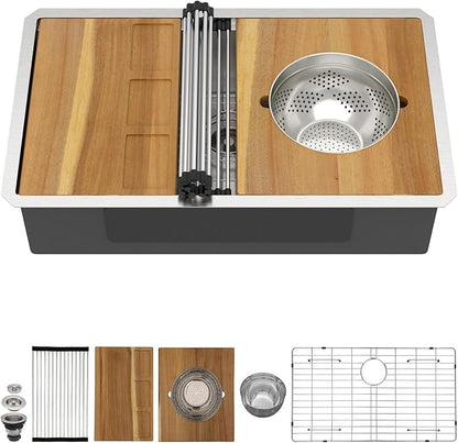 30 Inch Undermount Kitchen Sink 30x19 Workstation All-In One 16 Gauge 304 Stainless Steel Single Bowl Handmade Under Counter Sinks Basin with Accessories #TLU-0039