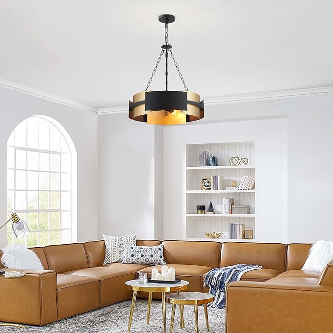 Modern Chandelier 19.7" Industrial Hanging Light Fixture Black and Gold 4-Light Large Drum Pendant Lighting for Dining Room Kitchen Island Office Living Room