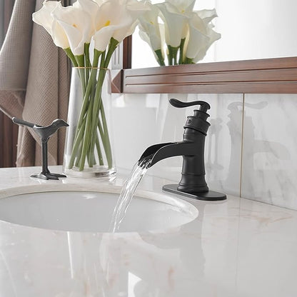 BWE Matte Black Waterfall Bathroom Faucet, Single Handle One Hole Sink Faucet for Farmhouse Bathroom Vanity Basin, Antique Finish Solid Brass Construction