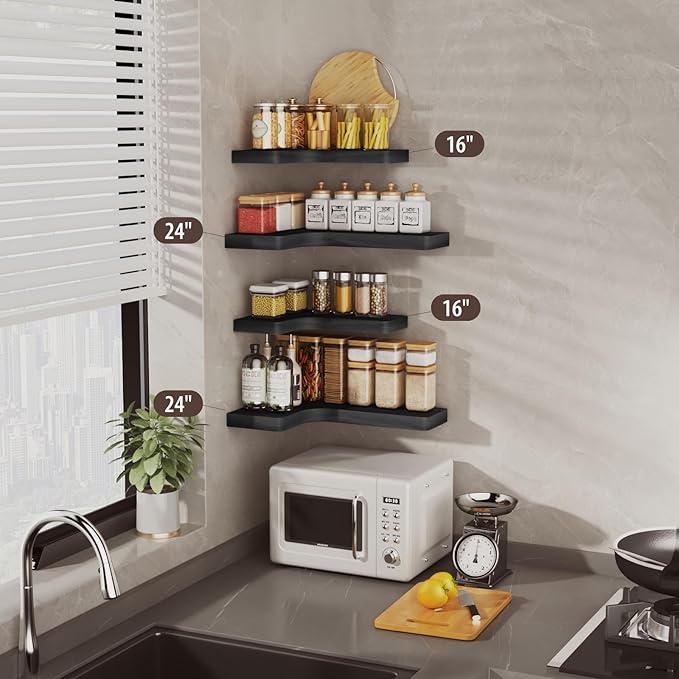 SAUMONIERES Corner Floating Shelves Wall Mount Shelf Solid Wood for Bedroom Bathroom Room Kitchen Storage Set of 3, Black, Invisible Brackets
