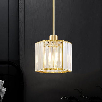 XSDeTu 1 Pack Gold Pendant Lights Kitchen Island, Modern Crystal Pendant Light Fixtures, 1-Light Small Farmhouse Chandelier, Adjustable Brass Hanging Light Fixture for Dining Room, Hallway, Bedroom