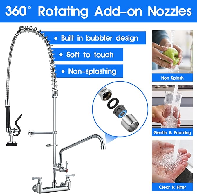 Commercial Kitchen Faucet with Pre-Rinse Sprayer 43" Height 8" Center Brass Constructed Wall Mount Kitchen Sink Faucet with Coiled Spring Pull Down Spray and 12" Add-on Swing Spout
