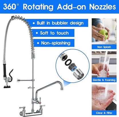Commercial Kitchen Faucet with Pre-Rinse Sprayer 43" Height 8" Center Brass Constructed Wall Mount Kitchen Sink Faucet with Coiled Spring Pull Down Spray and 12" Add-on Swing Spout
