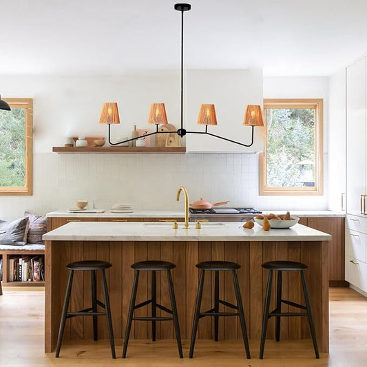 45" W Rattan Farmhouse Kitchen Island Lighting,Industrial Linear Chandelier, 4-Light Pendant Lighting for Kitchen Island Dining Room