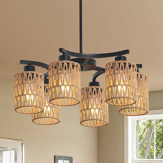 Rattan Farmhouse Chandelier Light Fixtures,6-Lights Boho Large Pendant Lights for Dining Room,21" Bohemian Kitchen Lighting Fixture Ceiling Hanging Light,Adjustable Height Hanging Chandeliers