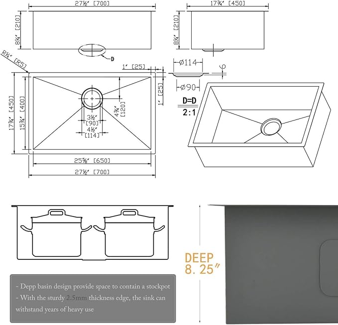 28 Inch Undermount Kitchen Sink Black, 28x18 Gunmetal Black 16 Gauge Stainless Steel Single Bowl Under Mount Commercial Kitchen Sinks 9 Inch Deep Includes Drain