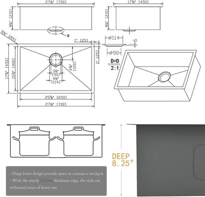 28 Inch Undermount Kitchen Sink Black, 28x18 Gunmetal Black 16 Gauge Stainless Steel Single Bowl Under Mount Commercial Kitchen Sinks 9 Inch Deep Includes Drain