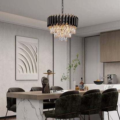 3-Tier Black Gold Crystal Chandelier 5-Light 15’’ Modern Crystal Pendant Chandelier Ceiling Light Fixture Hanging Lighting for Kitchen Island Dining Room Foyer Entryway Bedroom