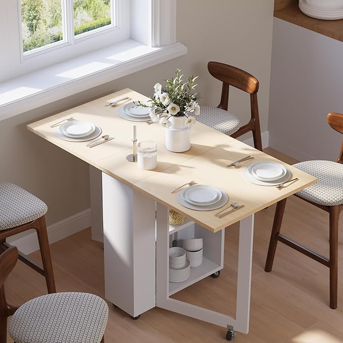 LotFun Folding Dining Table with 2 Storage Racks, Space Saving Dining Table with 6 Wheels, Kitchen Table for Small Spaces