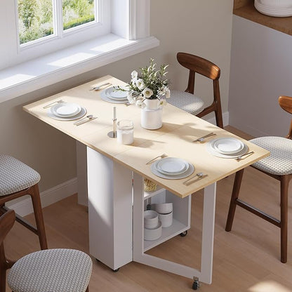 LotFun Folding Dining Table with 2 Storage Racks, Space Saving Dining Table with 6 Wheels, Kitchen Table for Small Spaces