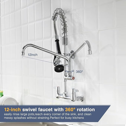 CENOSA Commercial Sink Faucet Wall Mount with Pre-Rinse Sprayer – 8 Inch Center Wall Mount Sink Faucet, 25" Height, 12" Swing Spout, Pull Down Sprayer for Industrial & Restaurant Sinks