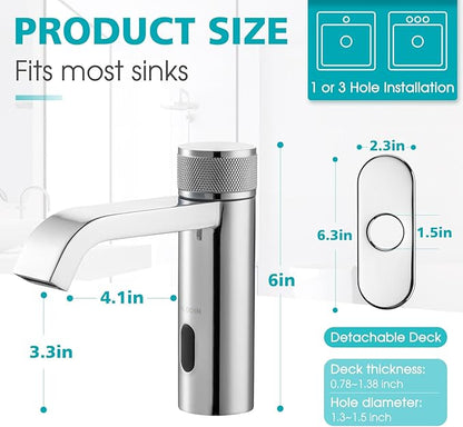Automatic Sensor Touchless Bathroom Faucet, Manual Waterfall Faucets with Temperature Control Knob, Modern Chrome Sink Faucet Stainless Steel, Hands Free Lavatory Faucets for Single Hole
