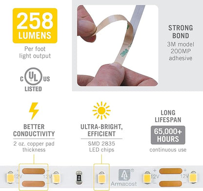 Armacost Lighting RibbonFlex Pro 12V White LED Strip Lights 60 LED/m, 2700K, 8.2 ft 132210