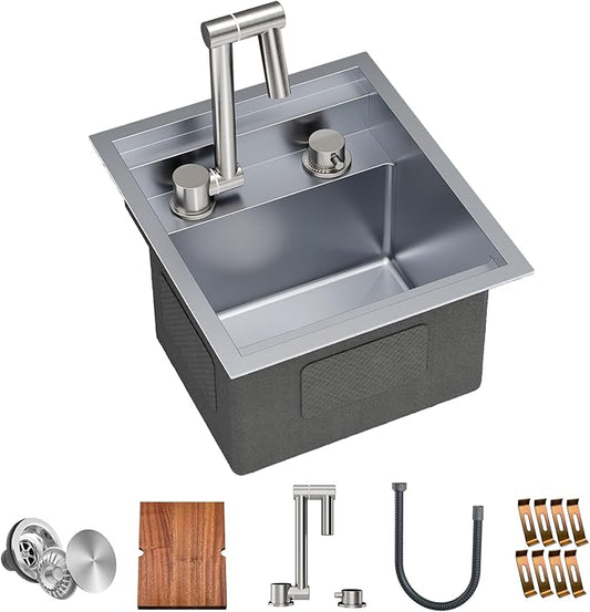 TORVA RV Kitchen Sink, 13 x 15 x 9 Inch Undermount Bar Sink 16 Gauge Stainless Steel Single Bowl Sink with Faucet Cutting Board, Grey