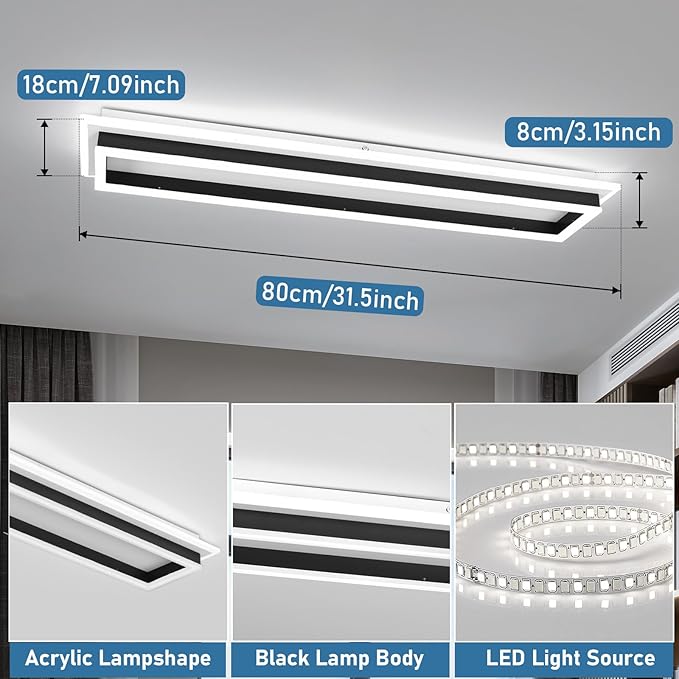 Dimmable Led Ceiling Light with Remote Control 31.5in Modern Linear Flush Mount Ceiling Lighting Fixture Acrylic Long Ceiling Lamp for Living Room Kitchen Dining Room Hallway
