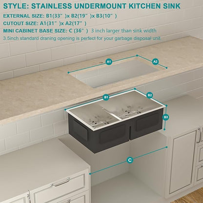 Lordear 33 Double Bowl Kitchen Sink 33x19 Inch Undermount Sink Low Divide Double Bowl 50/50 16 Gauge Stainless Steel Sinks Basin Handmade