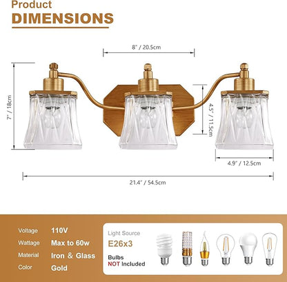 Vintage Bathroom Light Fixtures, 3-Light Gold Vanity Light with Ribbed Crystal Glass Shade, 21.4" Brushed Gold Vanity Lights for Bathroom Bedroom Living Room Hallway, E26 Base