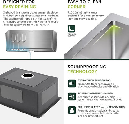 25-inch Undermount Kitchen Sink, SINKVINE Stainless Steel Single Bowl Indoor and Outdoor Sink for Laundry RV, with 3.5-inch Drain Strainer, Bottom Grid Protector, Roll-up Drying Unit, 25 x 18