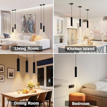 Modern Black Pendant Lights 2 Pack, LED Minimalist Pendant Lighting Fixture for Kitchen Island, Long Tube Hanging Light Cord Adjustable for Living Room Bedroom Dining Room Bar