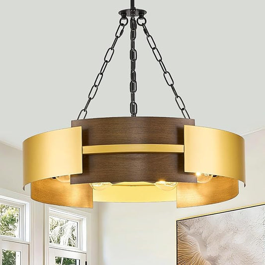 CATINER Modern Industrial Chandelier, Gold Metal 6-Light Drum Hanging Fixture 24" Pendant Lighting for Living Dining Room Foyer Entryway Kitchen, Walnut Grain Finish