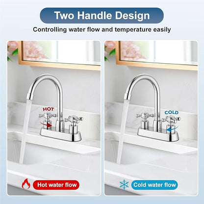 4 Inch Centerset Bathroom Faucets Double Cross Handle Bathroom Sink Faucet Deck Mounted Vintage RV Farmhouse Vanity Basin Mixer Tap with Pop up Drain,Polish Chrome