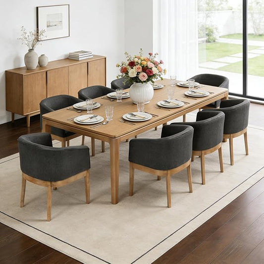 Barrel Dining Chairs Set of 8, Mid Century Modern Farmhouse Kitchen Chairs with Wood Legs, Linen Upholstered Accent Chair with Arms for Living Room/Bedroom, Grey