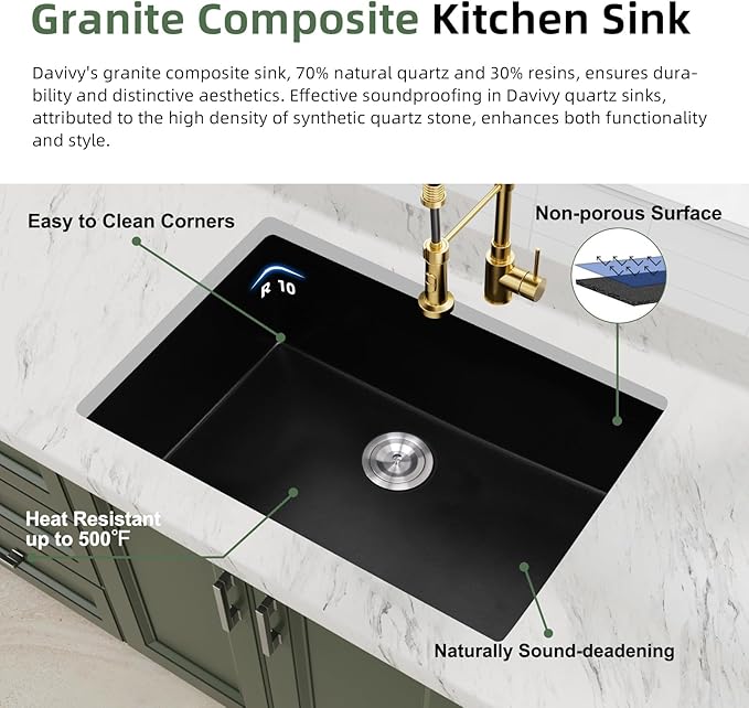 Davivy 30 X 18 Black Granite Composite Kitchen Sink,30 Inch Black Kitchen Sink, Undermount & Drop in Installation, Single Bowl with Bottom Grid and Drain Assembly
