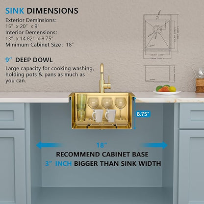 15"x20" Drop In Bar Prep Sink Workstation – Brushed Gold NANO-PVD, 16 Gauge 304 Stainless Steel, Single Bowl Top Mount Wet Bar RV Outdoor Kitchen Sink with Faucet