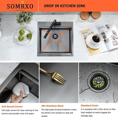 21x20 Black Bar Sink Drop In - 16 Gauge Black Stainless Steel Small Kitchen Sink, 10" Deep Single Bowl Workstation Sinks with Accessories for RV, Outdoor Kitchen & Wet Bar