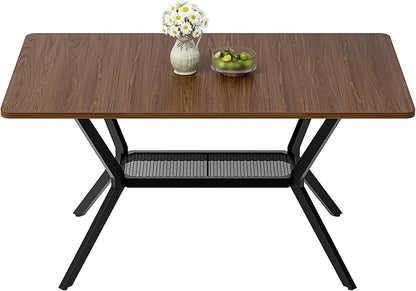 55 inch Dining Table for 4-6, Rectangle Kitchen Table with Storage Shelf, Space Saving Modern Farmhouse Design with Sturdy Metal Legs for Dining Room & Small Apartments