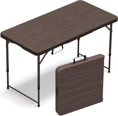 Folding Table 4 Foot for Indoor Outdoor, Portable Heavy Duty Fold-in-Half Utility Small Plastic Adjustable Height Folding with Carrying Handle for Picnic Camping and Party, Brown