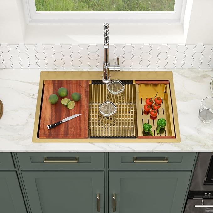 Logmey 33 Inch Gold Kitchen Sink 33x22 Drop in Sink 16 Gauge Stainless Steel Single Bowl Sinks,33x22x9